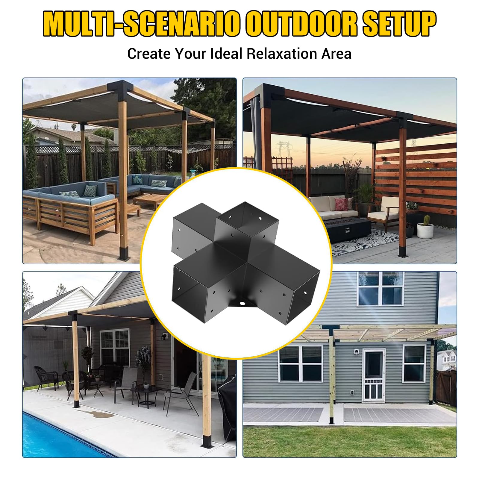 Kit Staffe per Pergolato, Staffe Angolari a 4 Vie 90° Adatte per Pali 95,5×95,5 mm, Kit di Montaggio in Acciaio per Strutture Esterne, 2 Pezzi