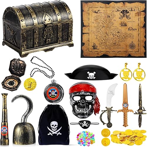 116 piezas de juguetes del tesoro pirata, caja del tesoro pirata con monedas, joyas, gemas y mapa pirata, brújula, telescopio para niños y niñas,