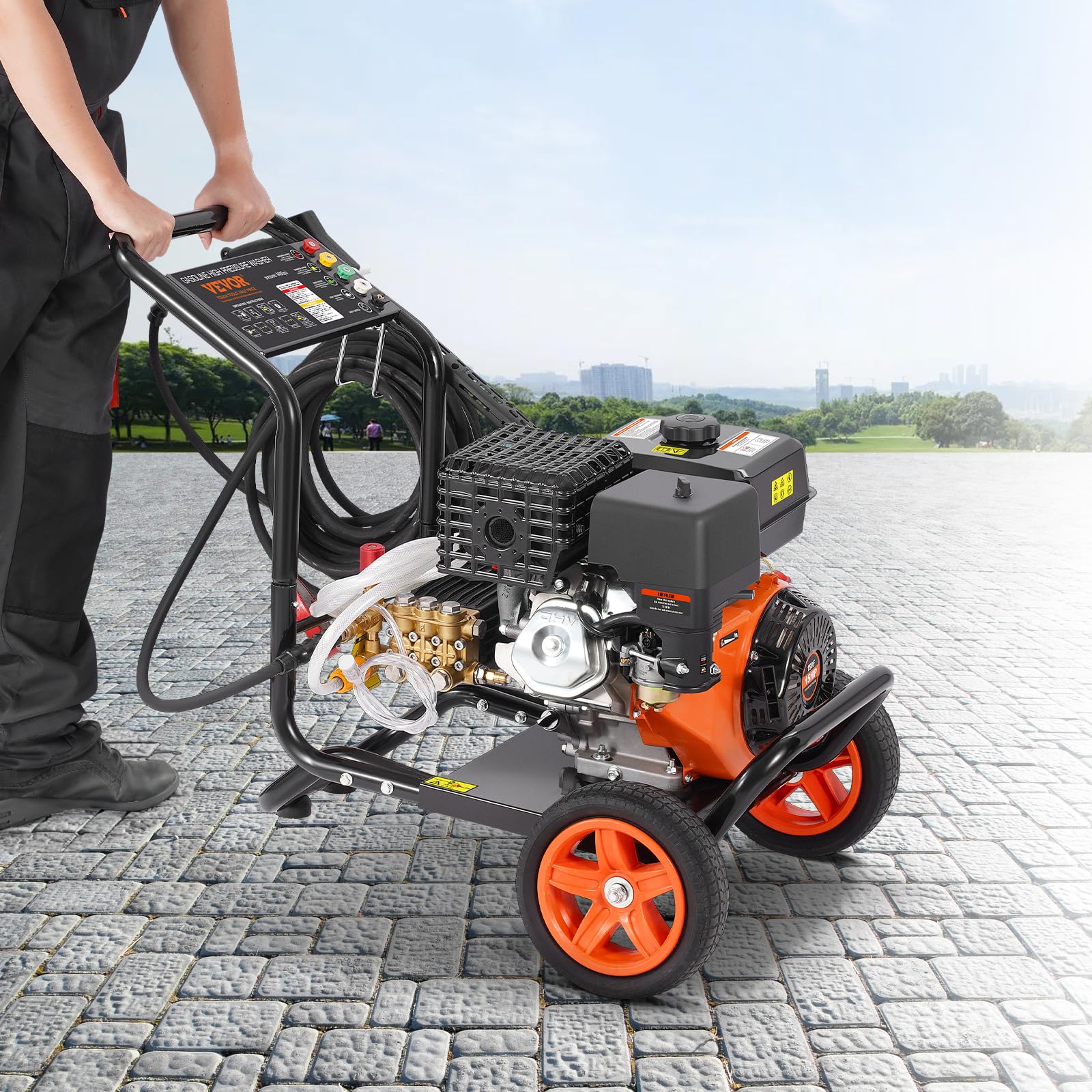 VEVOR Lavadora de Alta Presión a Gas 4400 PSI Limpiador de Alta Presión 15 L/min con Bomba de Cobre, Pistola Rociadora, Varilla de Extensión, 5 Boquillas para Casas, Vehículos, Patios