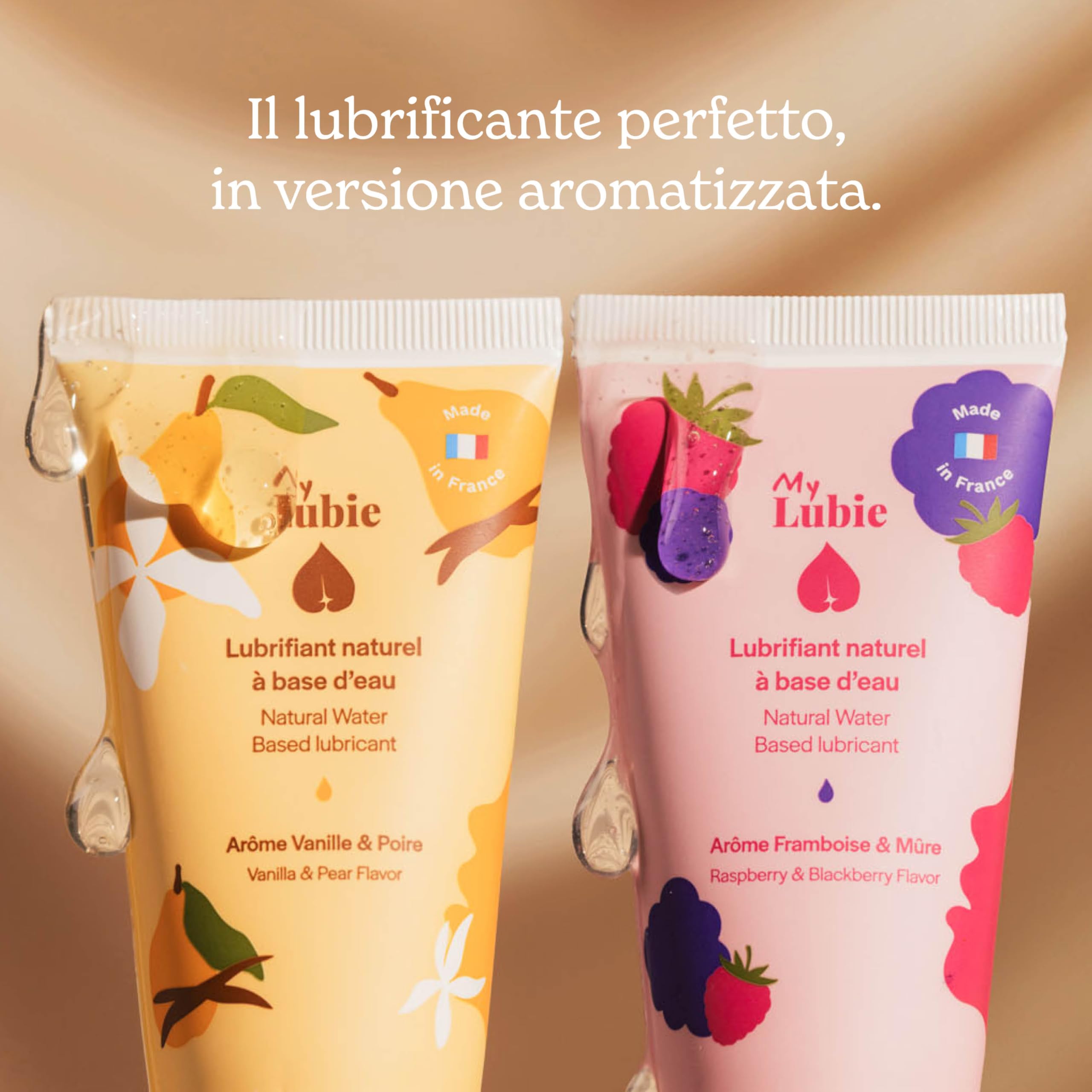 My Lubie - Duo di Lubrificanti Aromatizzati Vaniglia/Pera & Lampone/Mora | 2x50ml | Base Acqua, Naturali & Vegan | Arricchiti con Acido Ialuronico e Prebiotici | Prodotto in Francia