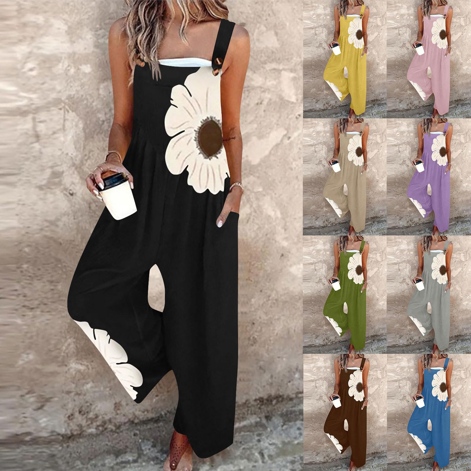 shownicer Salopette Donna Estivi Senza Maniche Stampato Boho Overall Casual Jumpsuit Con Tasche