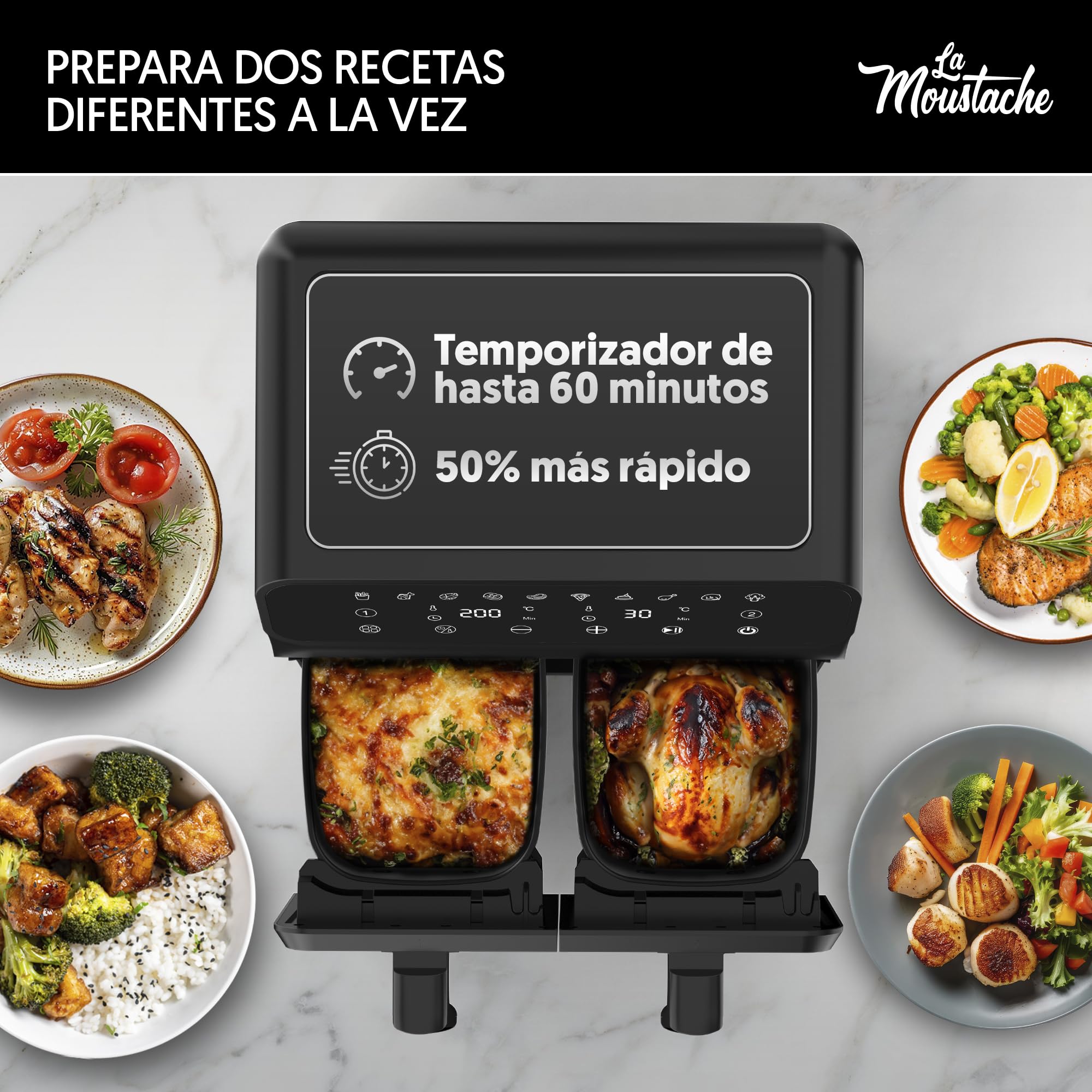 La Moustache - Freidora de Aire sin Aceite 8L con Doble Cesta, 2 Cestas Independientes de 4L, Air Fryer 6 en 1, 1700W, 10 Modos, 60-200 °C, Apta para Lavavajillas (DuoFry Gray)