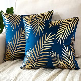 JOTOM Set of 2 Cushion Covers 45x45cm Decor Velvet Throw Pillow Covers Gold Leaves Decorative Pillow Cases Bronzing Flannelette Cushion Cover for Couch Bedroom Sofa Car Home Living Room Decor (Navy)