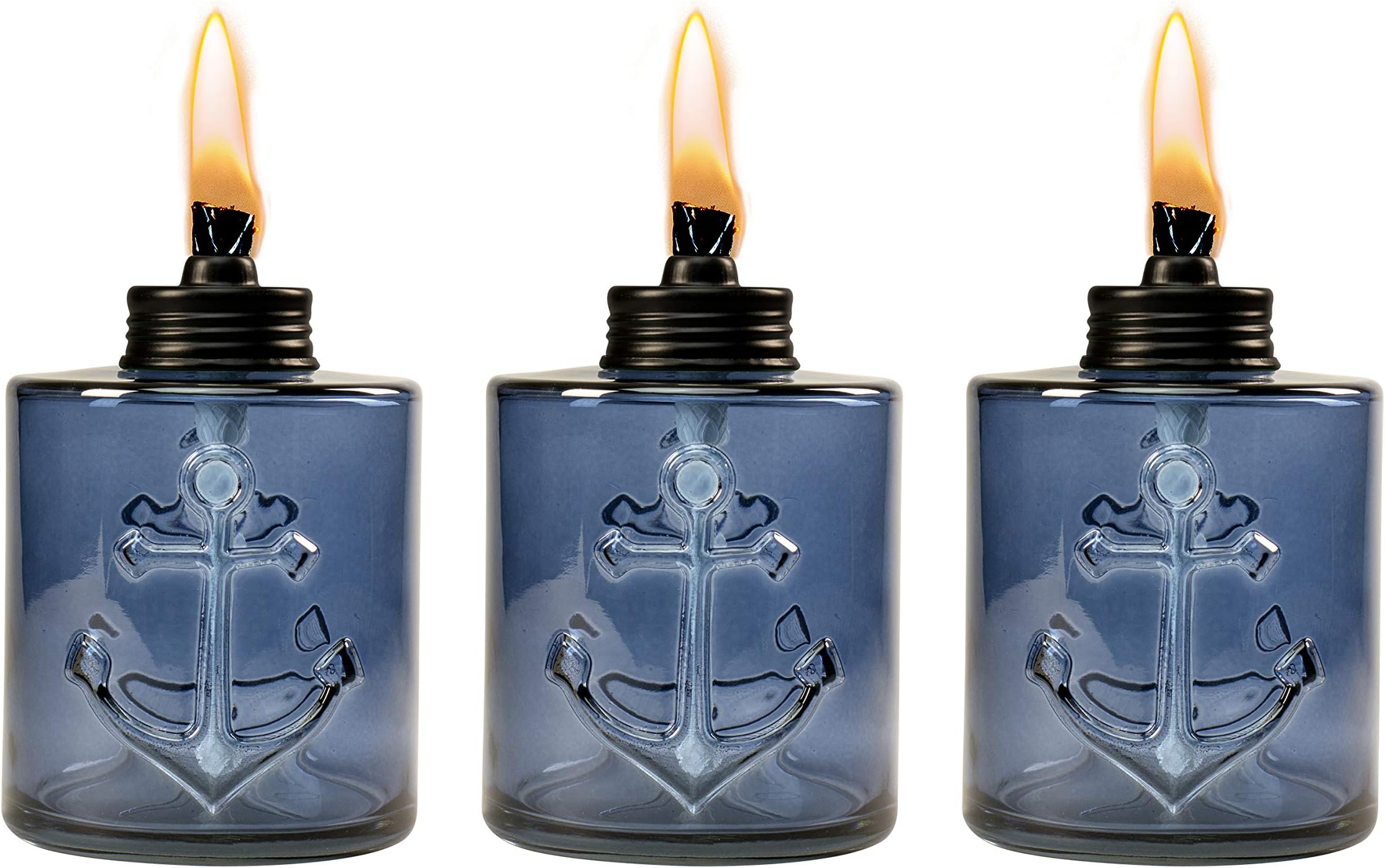 TIKI Brand Set Sail Glass Tabletop Torches, Patio Torch Lights for Garden/Patio/Backyard, Refillable Landscape Lanterns, Blue, 3-Pack