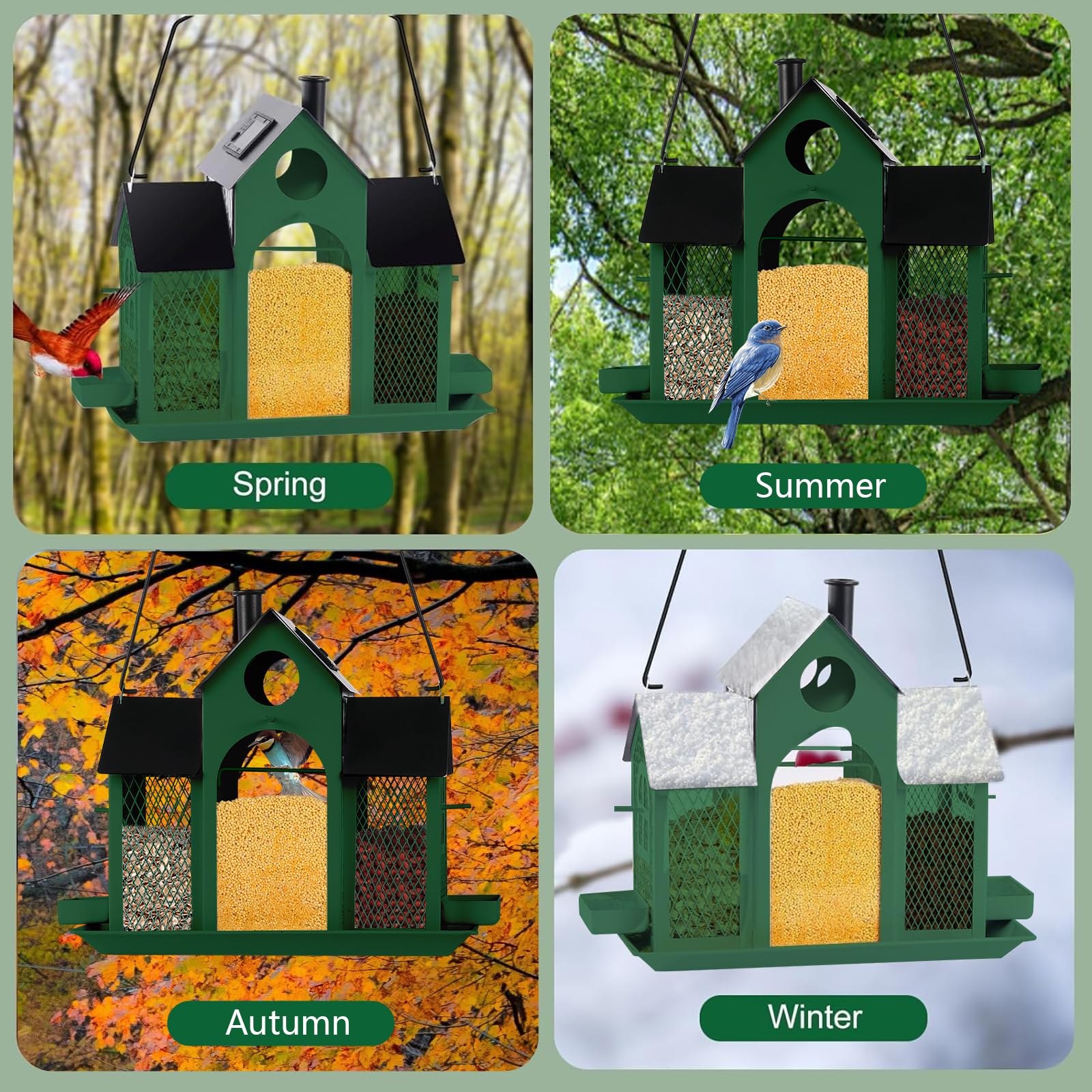 Comedero solar para pájaros para colgar en el exterior, comedero de pájaros de gran capacidad para colgar al aire libre, comedero de malla de metal para pinzón cardenal (verde y negro)