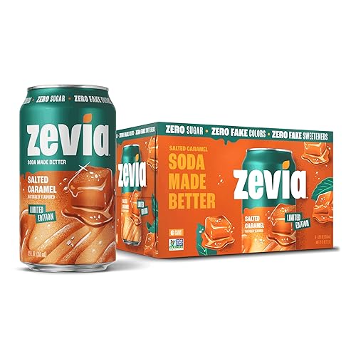 Zevia Zero Sugar Soda, Salted Caramel, 12 oz Cans (6-Pack) – Caffeine Free, Naturally Sweetened, No Calorie Soda - Non-GMO Project Verified, Gluten-Free, Vegan - (New) Salted Caramel - 12 Fl Oz (Pack of 6)
