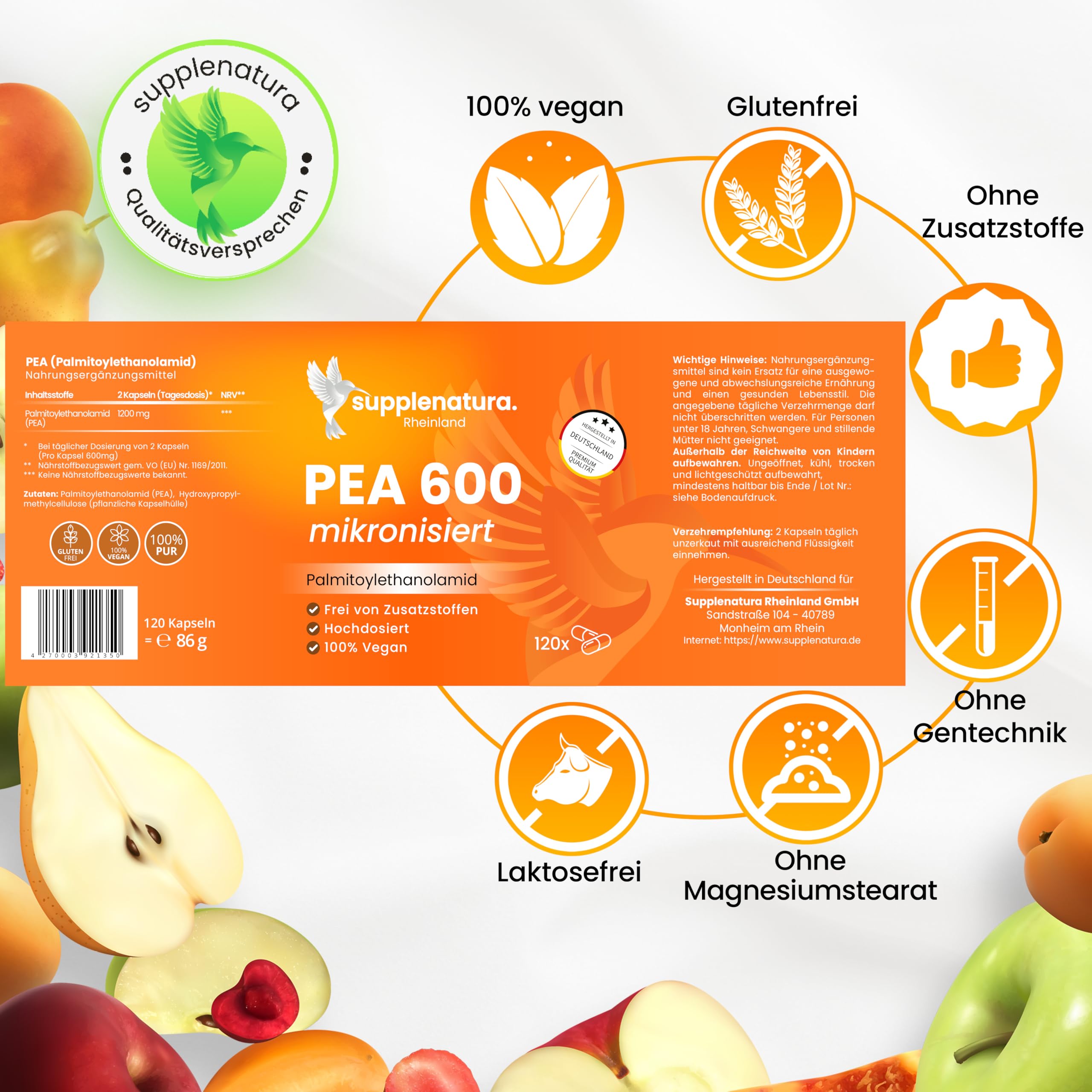 PEA Kapseln | MIKRONISIERT: 1200mg Palmitoylethanolamid pro Dosis | 120 Kapseln | 100% Pure Pea, Laborgeprüft | Produziert in Deutschland - SUPPLENATURA®