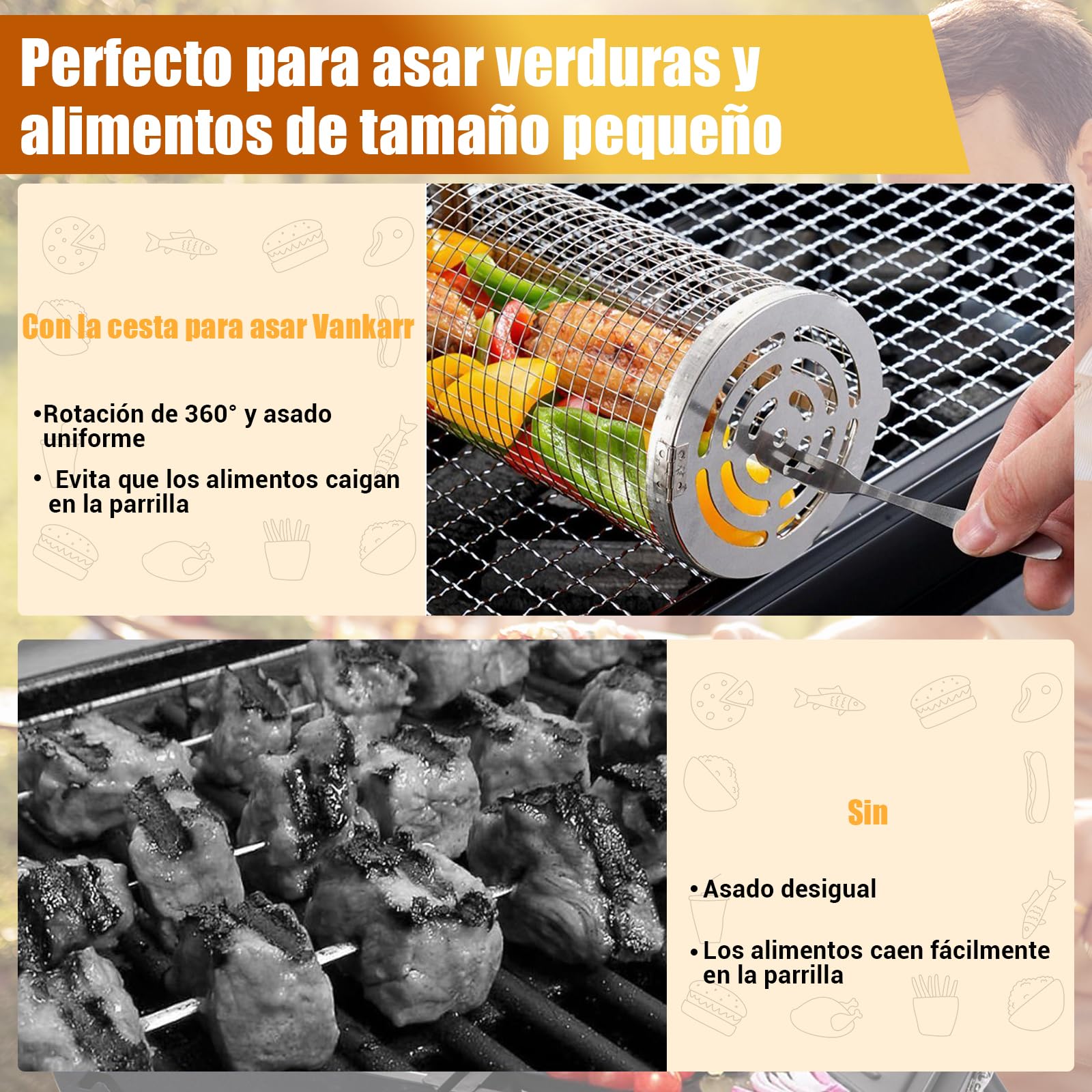 Conjunto de 2 Cestas para Parrilla Rodante, Cesta de Parrilla de Acero Inoxidable con Mango Extraíble, Rejilla Barbacoa para Asar Verduras, Carne