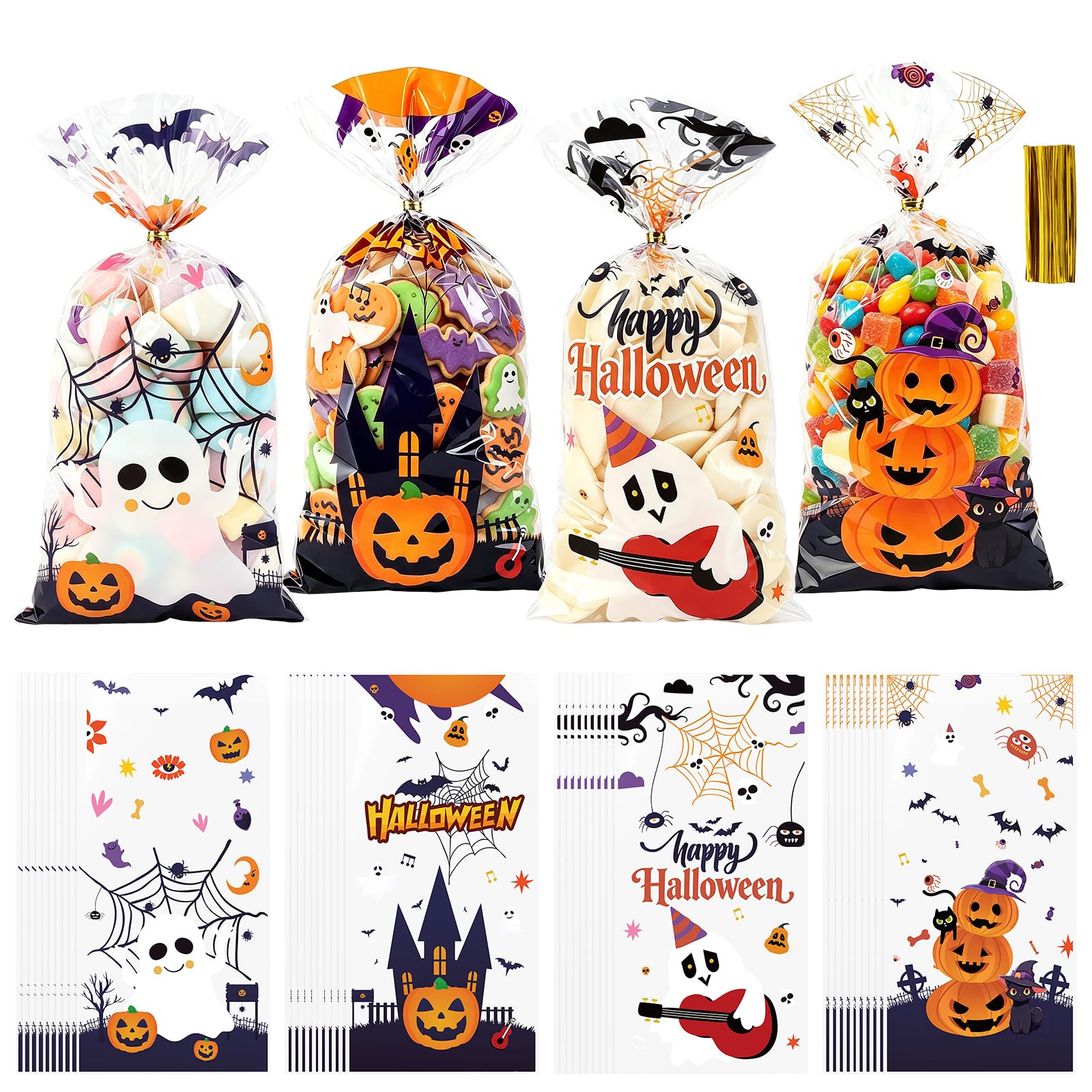 YoungTree 120 Pcs Halloween Sweet Bags – Ghost Playing Piano Assorted 4 Designs