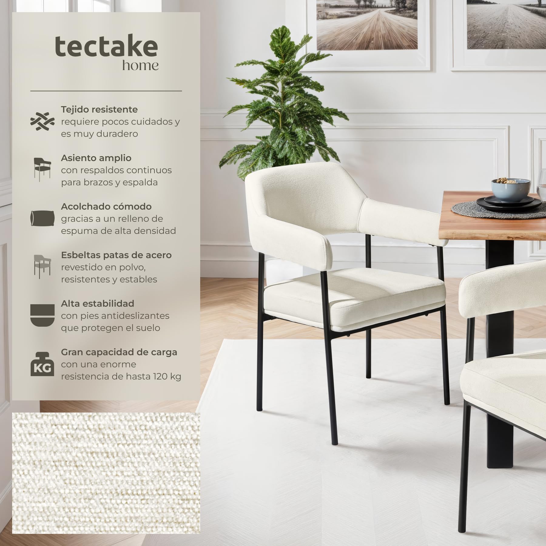 tectake® Silla de Comedor Acolchada, Tapizada en Tela, con Respaldo Continuo y Reposabrazos, Patas de Acero Estables, Silla para Cocina, Salón, Dormitorio - 2 sillas Tejido Blanco Roto/Negro