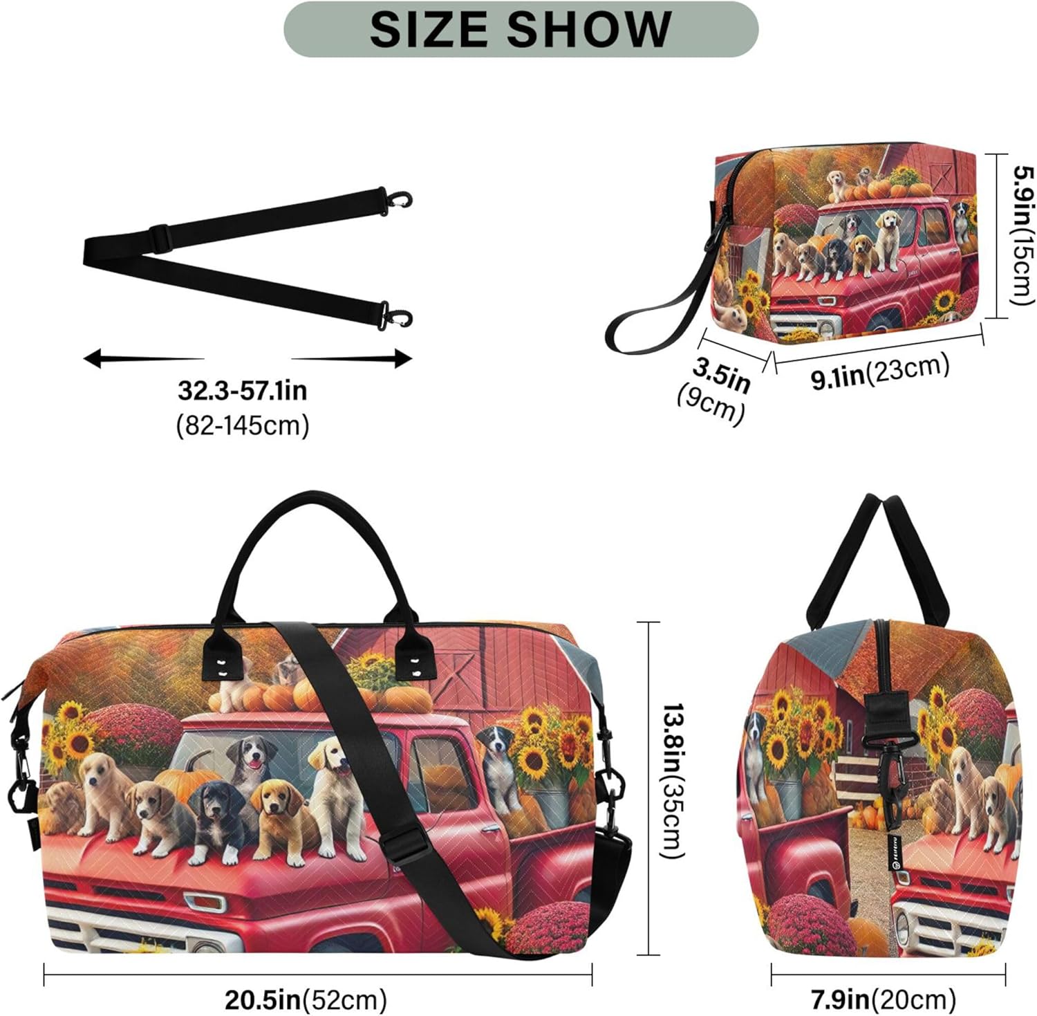 かわいい漫画の収穫犬旅行ダッフルバッグ&amp;トイレタリーポーチ2個セット、面白いジムバッグトートキャリーオンウィークエンダーバッ