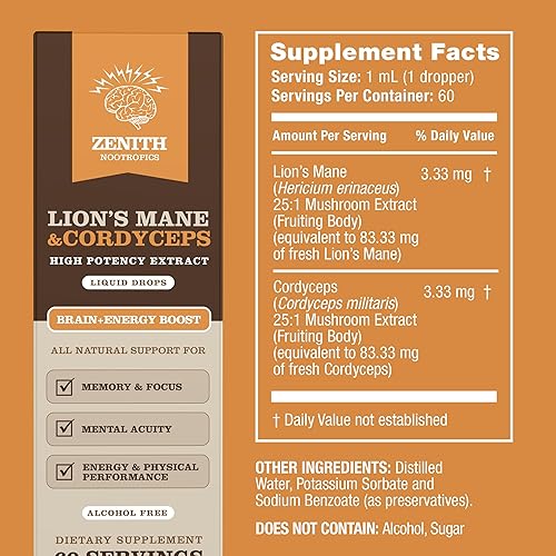 Miniatura 4 de Suplemento de melena de león y cordyceps - Apoyo cerebral y energético - Enfoque, memoria, claridad, inmunidad - Tintura vegana sin alcohol -