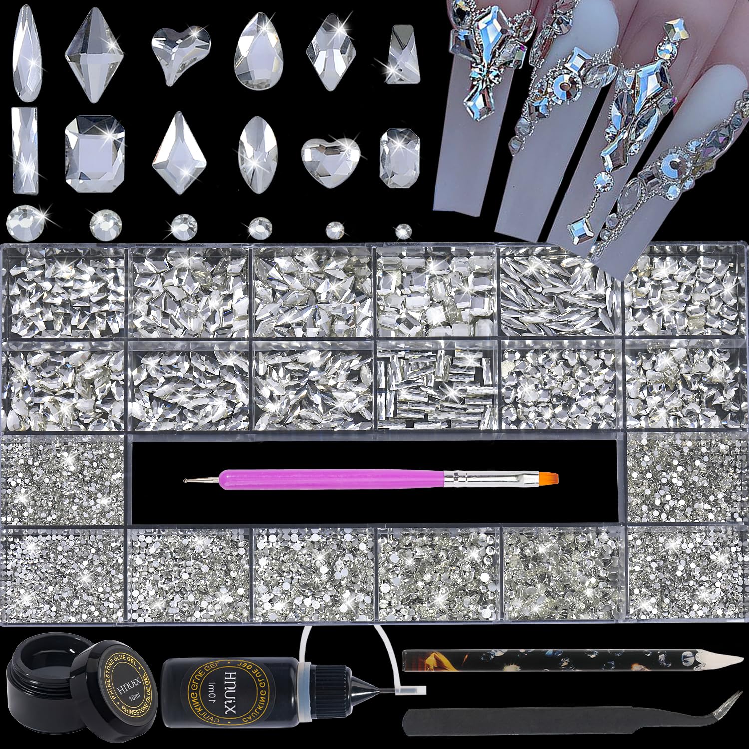 HNUIX Nail Rhinestones - 4550pcs Crystal Transparent, Multiple Shape Gems, Flatback Rhinestones, with Kit and Glue Gel, for Nail Art