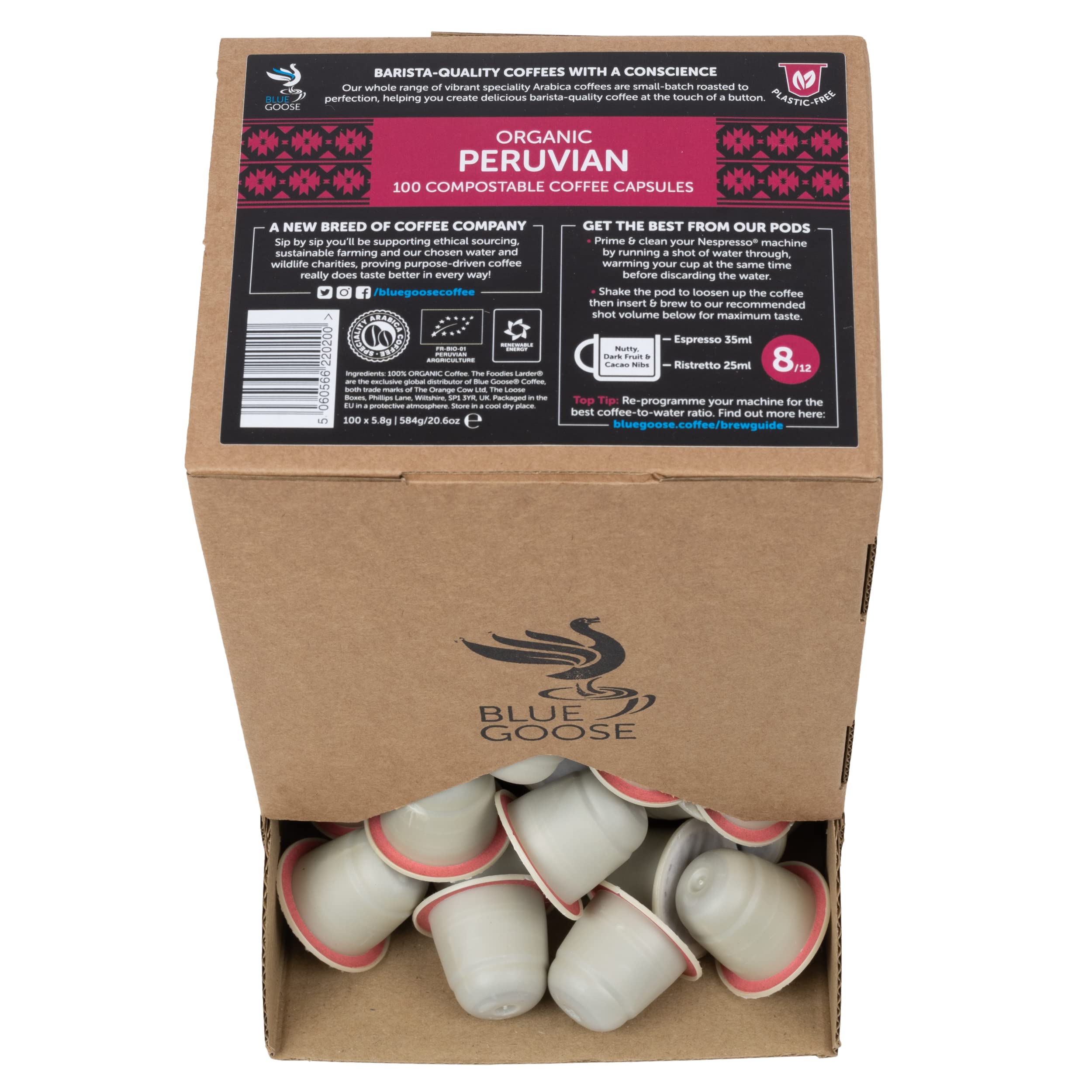 Blue GoosePeruvian - 100 Plastic Free Compostable Coffee Capsules - Nespresso Compatible Pods - Specialty Grade Coffee - Great Taste Award 2021