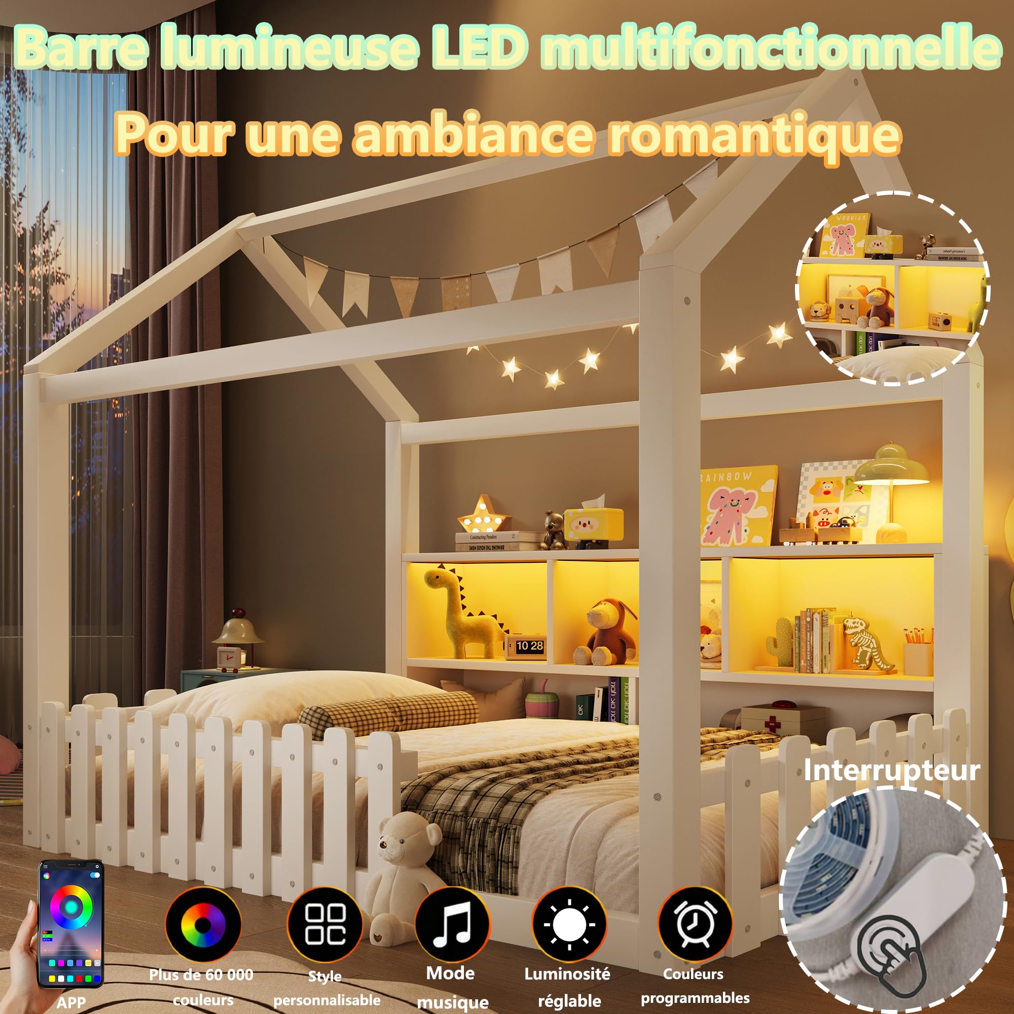 Lit cabane Enfants 90x190 cm avec LED,lit Enfant avec Barriere,lit Enfant cabane lit au Sol Enfant,Compartiments de Rangement Ouverts, Design Maison,Bande de Maison,Bois de pin,Blanc