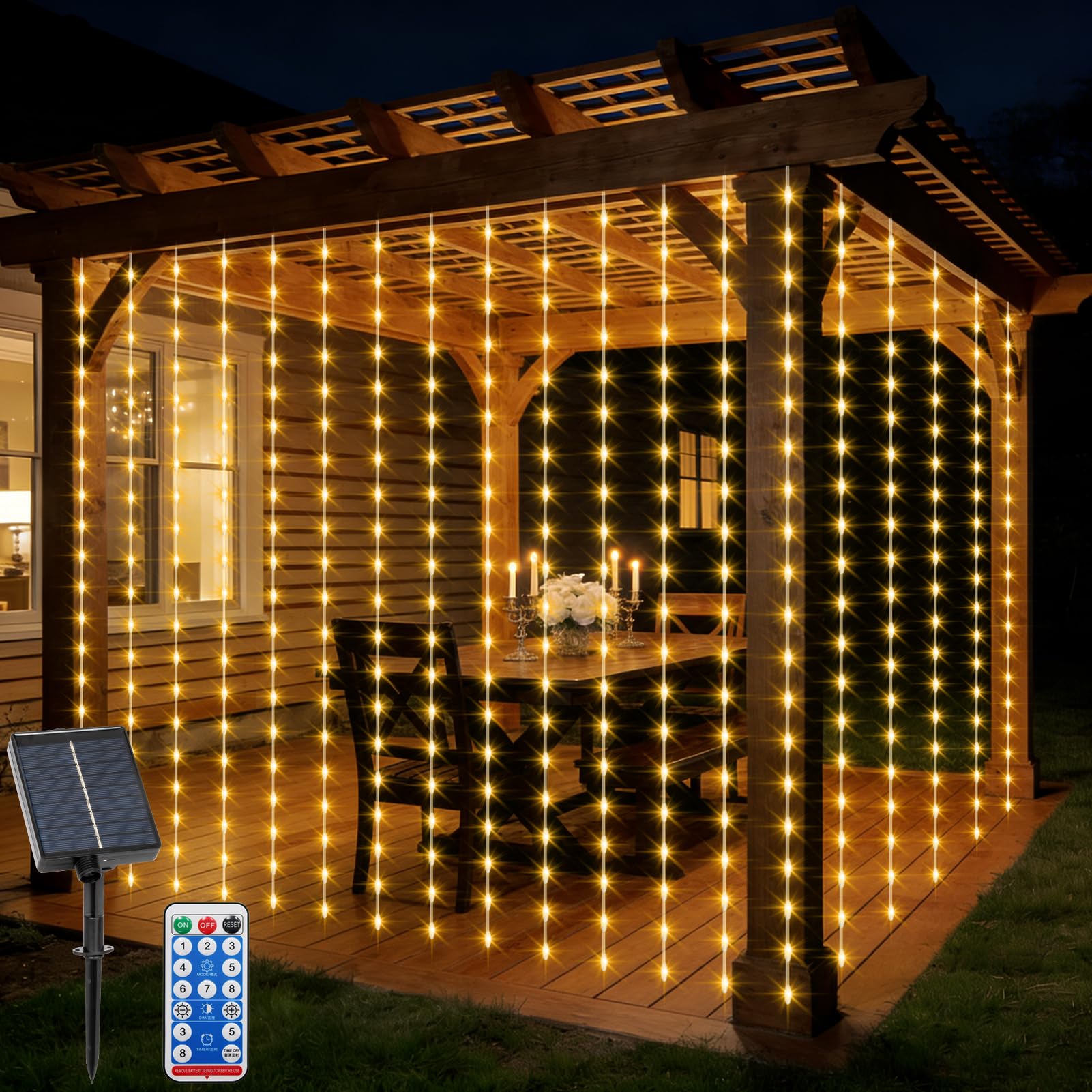 CCILAND Solar Curtain Lights 2M x 2M 200 LED Curtain Lights with Timer Remote Control 8 Modes, Outdoor Waterproof Fairy String Lights for Patio Garden Gazebo Window Decor (Warm White)