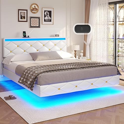 DICTAC Base de cama flotante King con luces LED y puertos USB, plataforma tapizada moderna, marco de cama LED, tamaño King con cabecero de piel