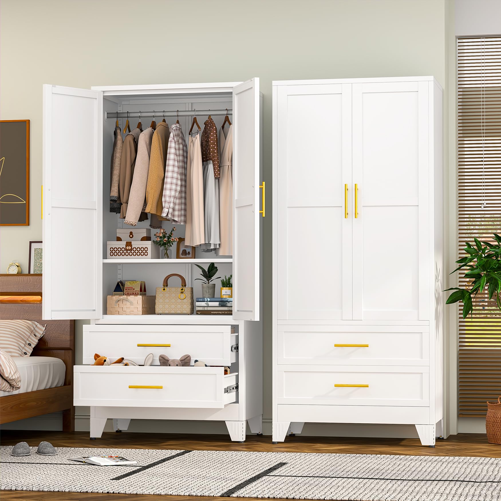RIETERN Metal Armoire Wardrobe Closet, 71" Tall Bedroom Closet with 2 Drawers, Adjustable Shelves, and Hanging Rod, Steel Clothes Closets and Storage, for Bedroom White