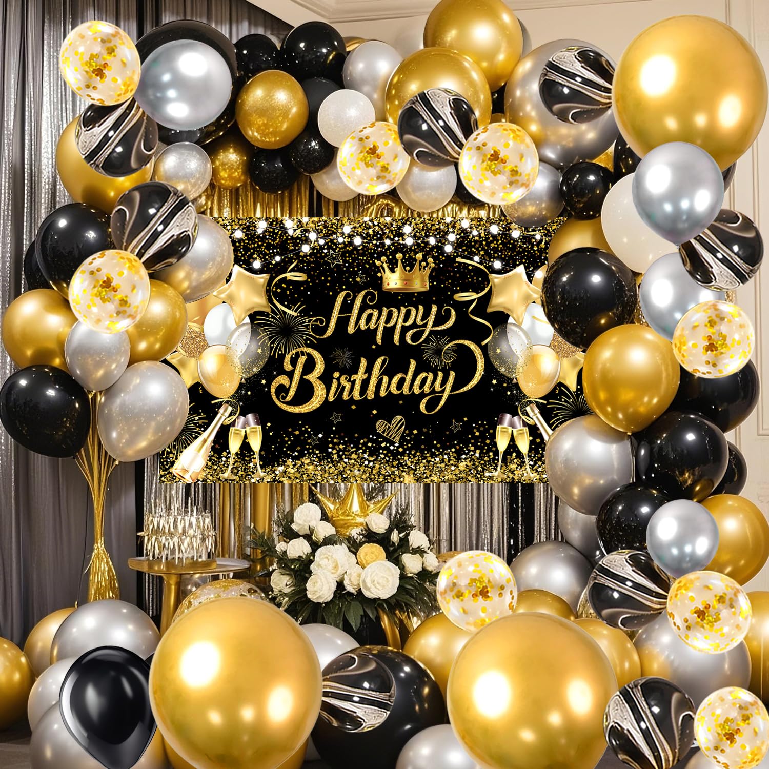 YinQin 80 PCS Black Golden Happy Birthday Party Balloon Decorations Set with Photo Background Backdrop Happy Birthday Sign Banner Cloth 3 PCS 18inch Metal Gold Balloons Party Supplies for Men Women