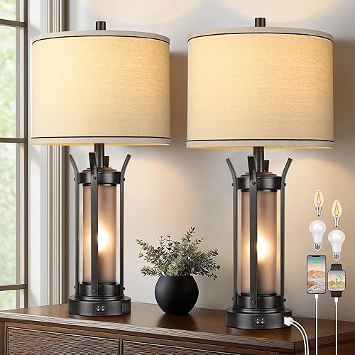 Miniatura 8 de QiMH Lámparas de mesa Farmhouse para sala de estar, lámparas rústicas de mesita de noche para dormitorio con puertos de carga USB A+C, lámpara de