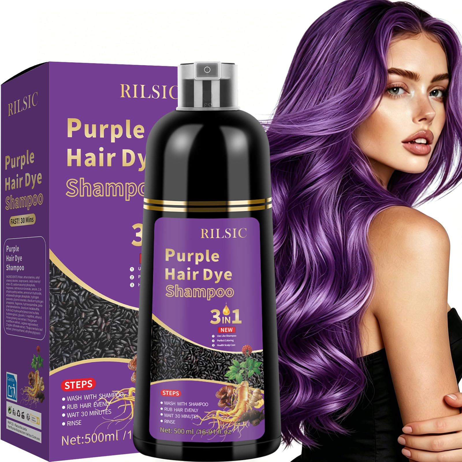 Purple Hair Dye Shampoo 3 w 1, szampon do farbowania włosów, fioletowy do siwych włosów, natychmiastowy szampon do farbowania włosów, dla mężczyzn i kobiet (500 ml)