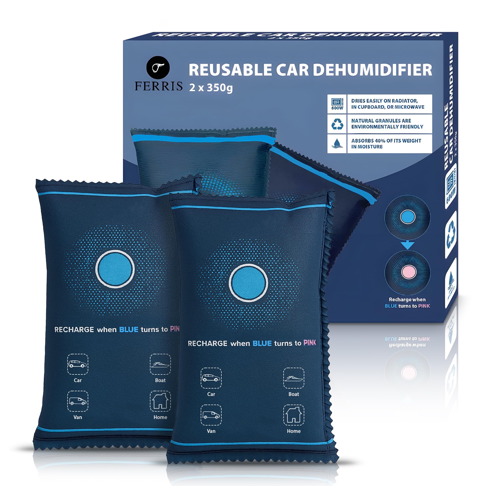 FERRIS | 2 X 350g Car Dehumidifier Bags | Reusable & Safe Interior Dehumidifiers for Home & Moisture Absorber Sachets | Microwave Reactivated, Leakproof Alternative to Disposable Dehumidifiers