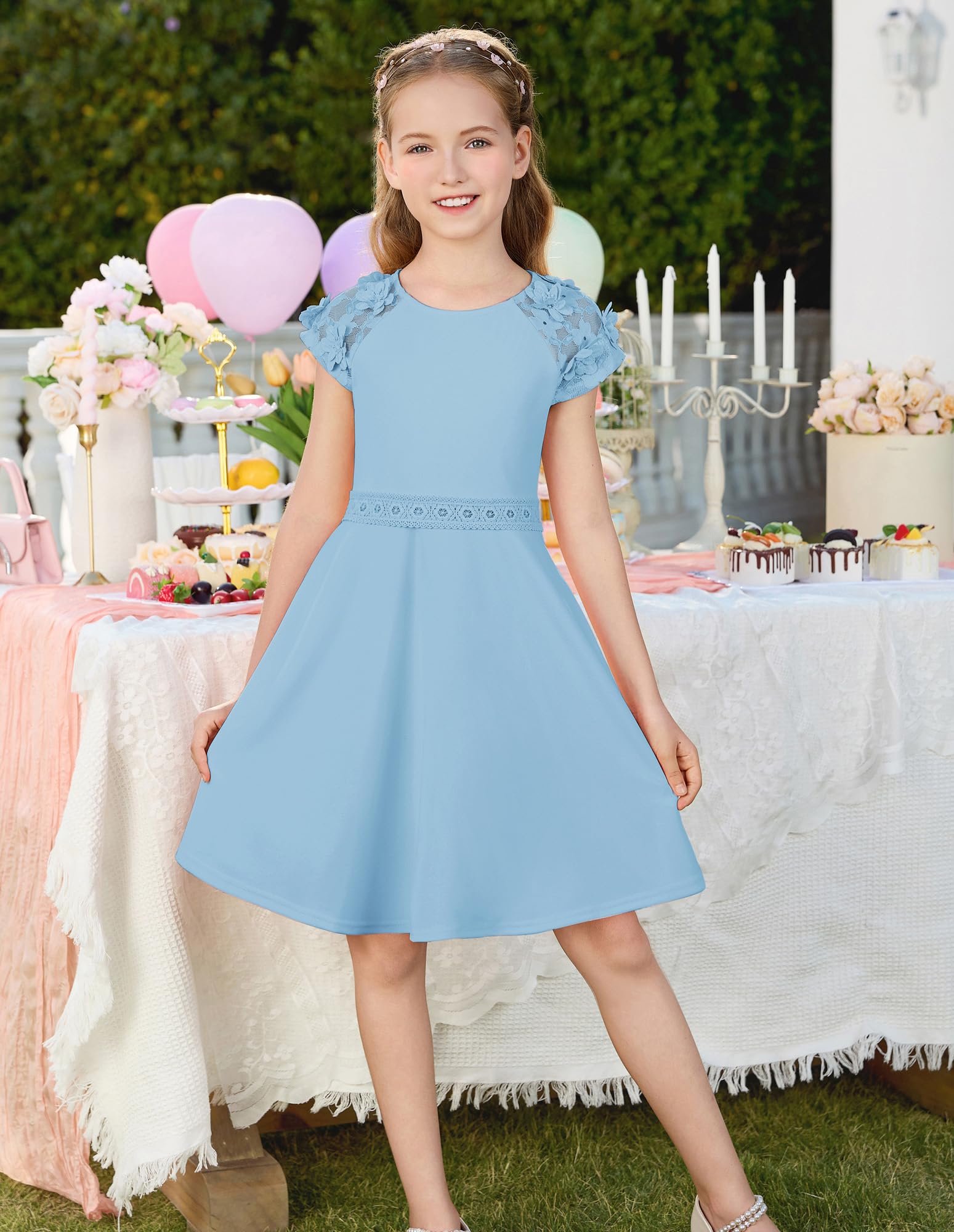 GRACE KARIN Mädchen Midikleid Sommer Einfarbig Rundhals Festliches Kleid Mit Blumen