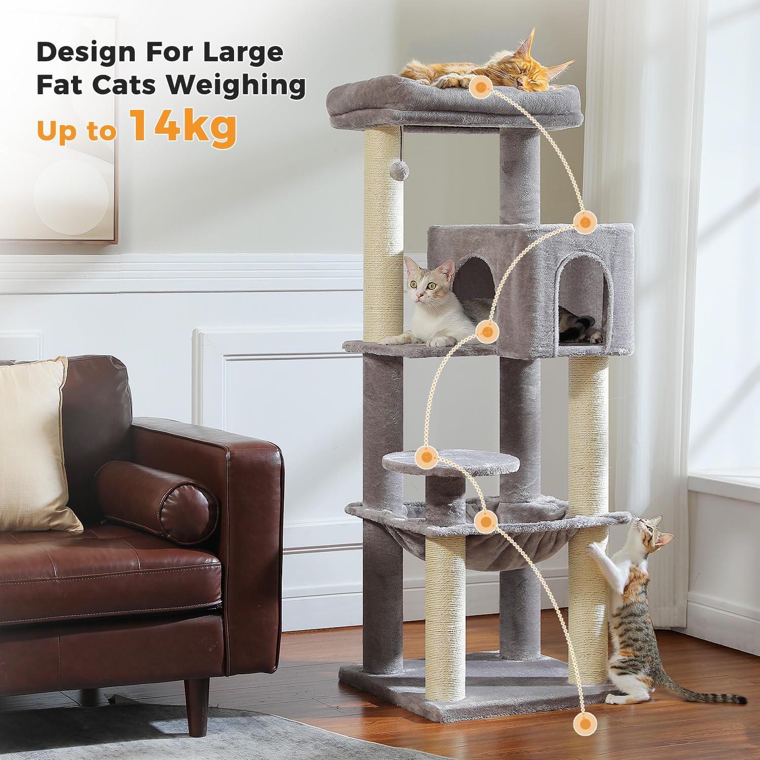 PAWZ Road Albero per gatti grande da 147 cm, con tiragraffi ispessiti (φ3,7 pollici) per gatti adulti di grandi dimensioni, 13,6 kg, centro attività multi-livello con struttura in metallo, amaca e