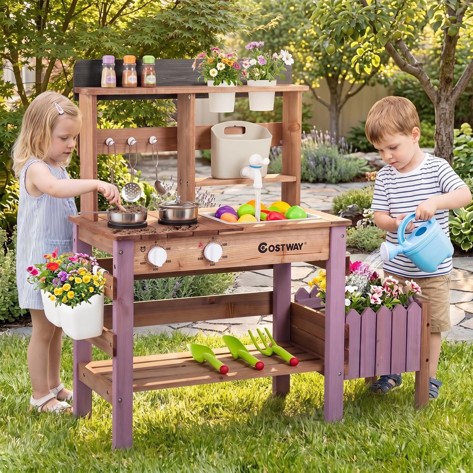 FANTASK Kinder Outdoor Matschenküche mit Wasserbehälter | Inklusive 15 Teile zum kreativen Rollenspiel, mit Wasserhahn, Spüle und Pflanztopf ab 3 Jahren