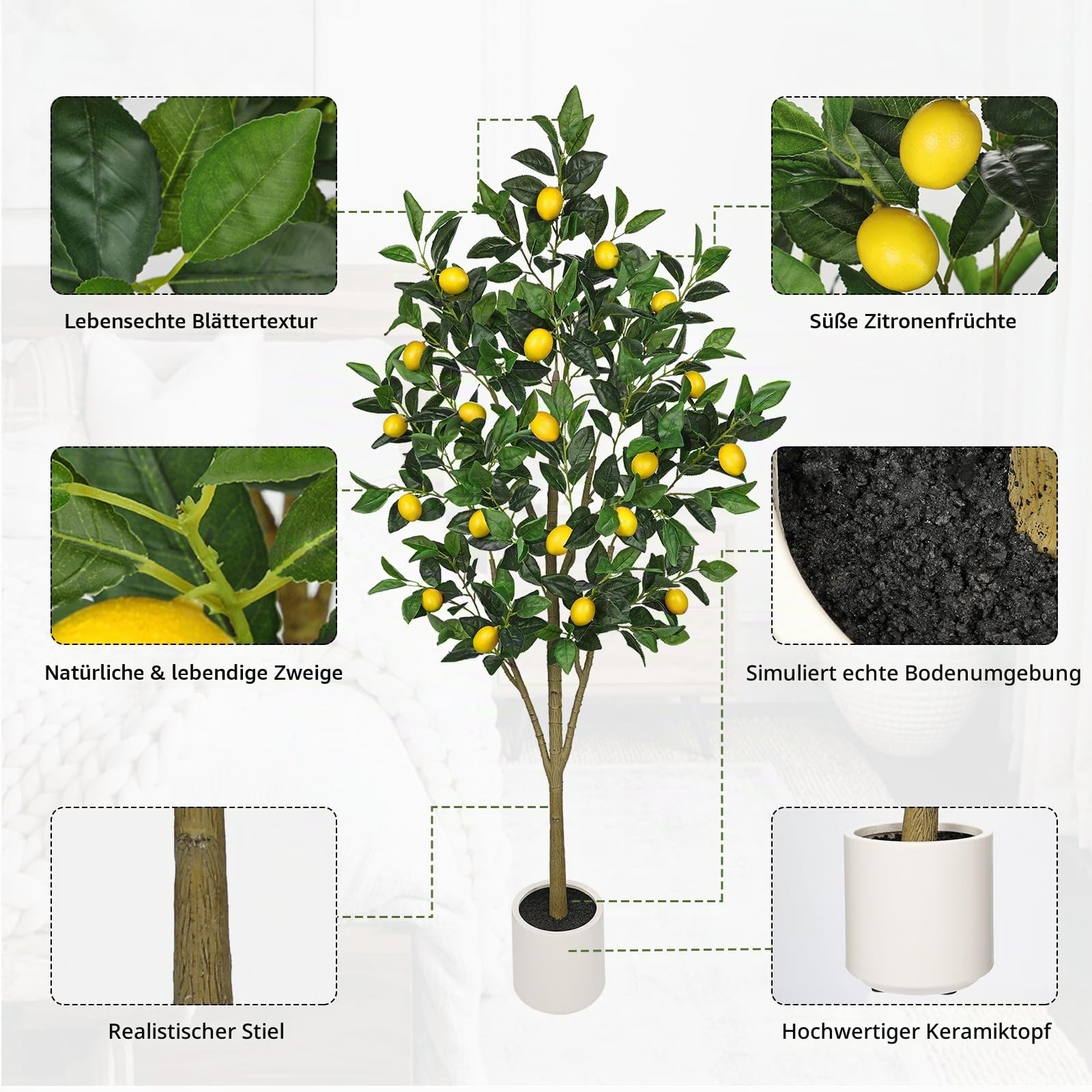 Oairse Kunstpflanzen Groß Zitronenbaum 150cm Kunstpflanze Künstliche Pflanze Kunstblume Innendekoration Kunst Pflanze wie echt im Topf für Tischdekoration, Büro, Badezimmer, Schlafzimmer, Wohnzimmer