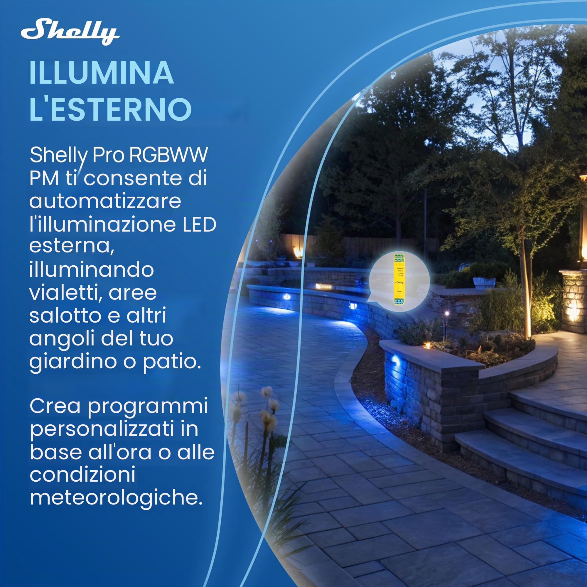 Shelly Pro RGBWW PM, Controller Intelligente per Luci LAN & Wi-Fi, Canali Bianchi Regolabili (CCT), 5 Strisce LED, Monitoraggio Consumi, Dimmerazione, Nessun Hub Necessario, Alexa & Google Home