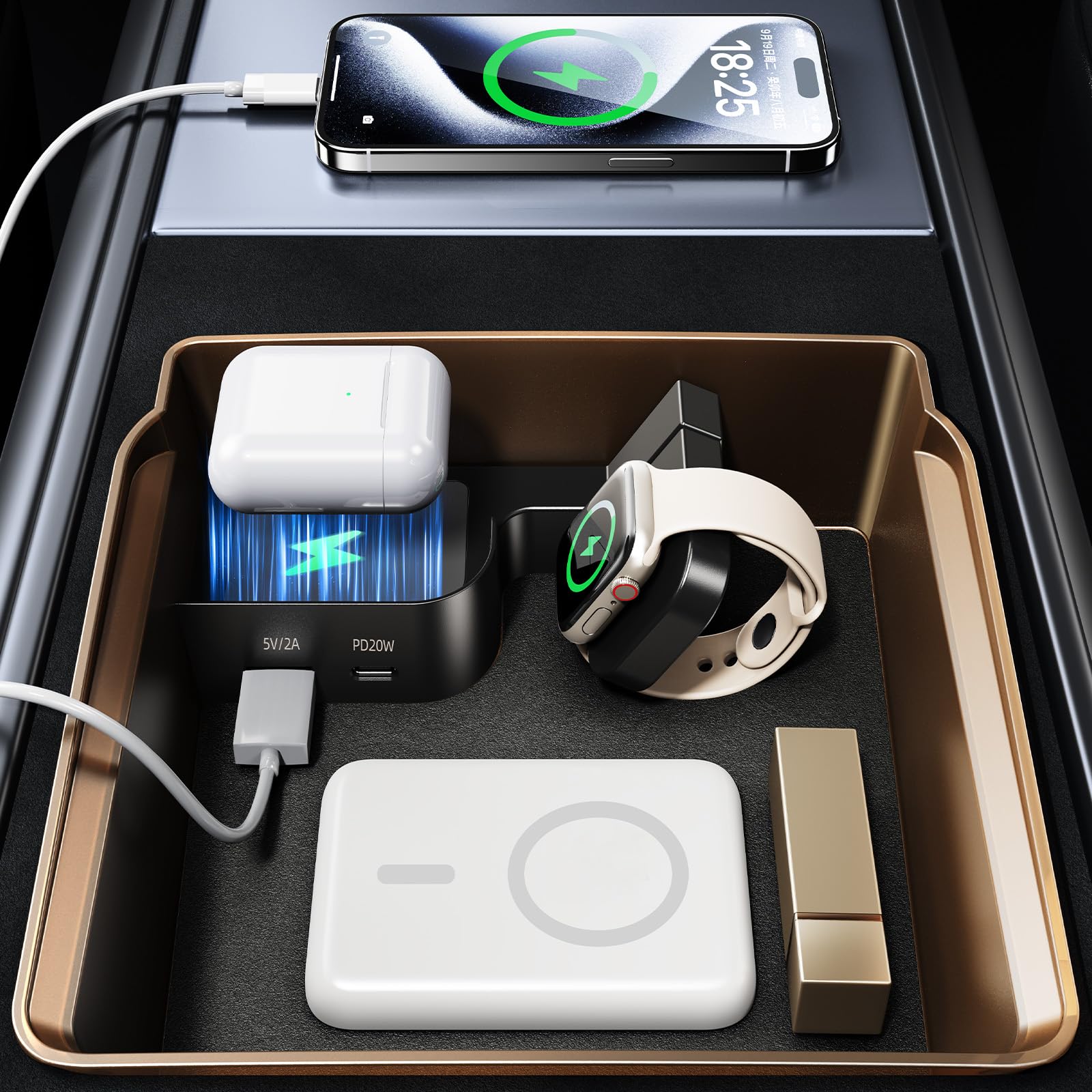 DICMKY Tesla USB Hub Charger & Center Console Organize for Model 3 Highland 2024-2025 & New Model Y Juniper, 4-Port Docking Station for Phone/Headphones/Watch/Tablet Charging Storage Accessories