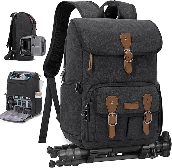 RAINSMORE Camera Bag Backpack for DSLR/SLR Mirrorless 15.6 Inch Laptop Camera Back Pack for Photographers Anti-Theft Photography Bags Case with Tripod Holder & Rain Cover, Black