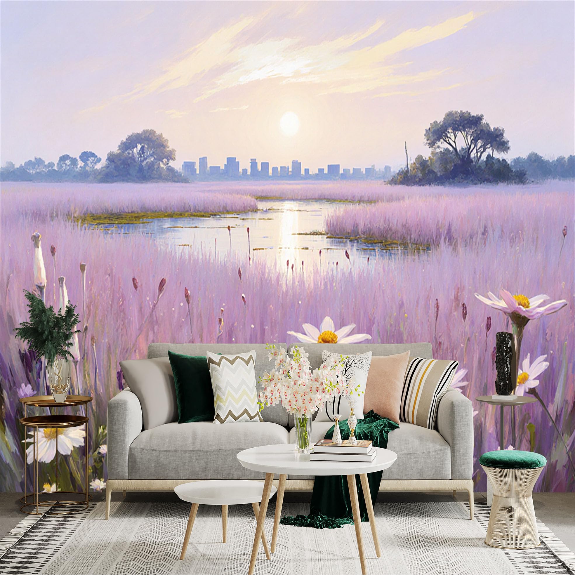 Lnzczhyre Xc260505333 Custom Size Wall Sticker Mural， Lavender Meadow With Wildflowers， Sunrise Over Distant City Skyline， Peaceful Lake Landscape， For Wall Decoration， Peelandstick Wall Decals.