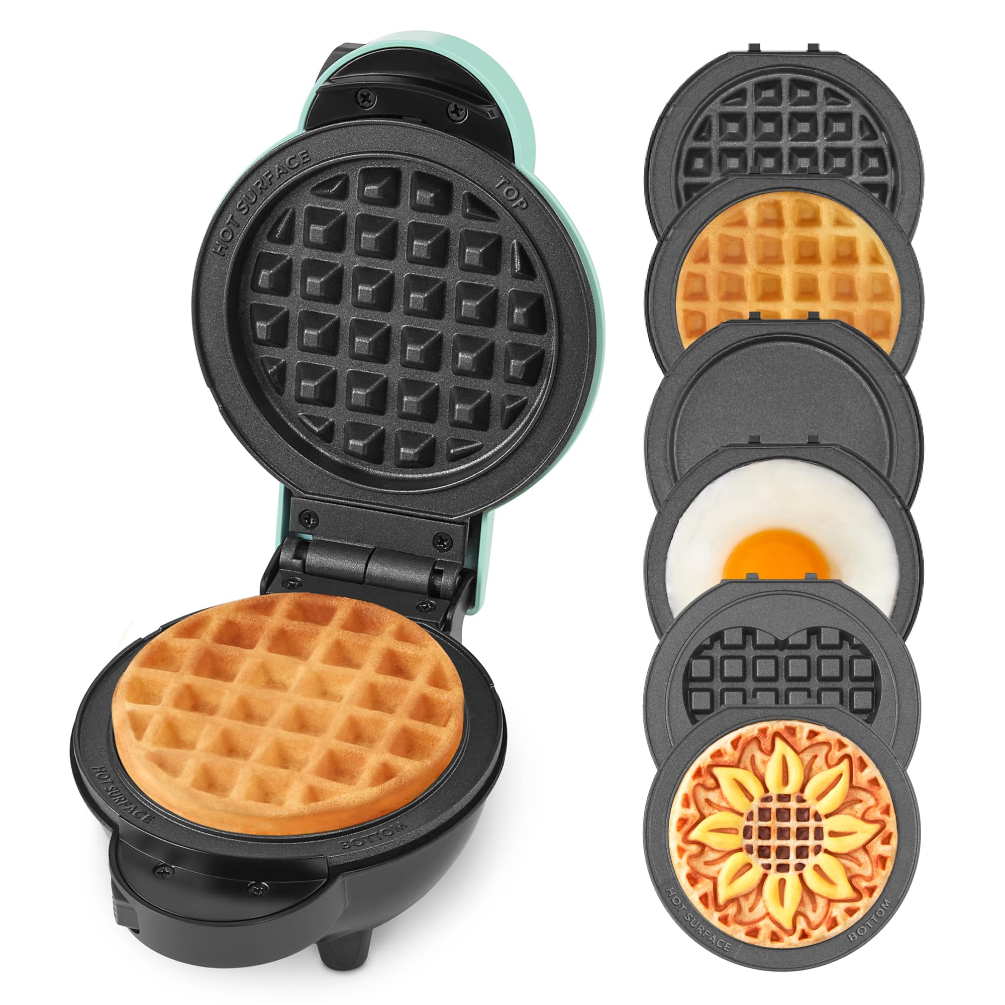 DASH Mini fabricante de placas múltiples con 6 platos extraíbles para gofres y estuche de almacenamiento, 2 gofres clásicos, gofres de corazón, gofres de girasol y 2 platos de plancha