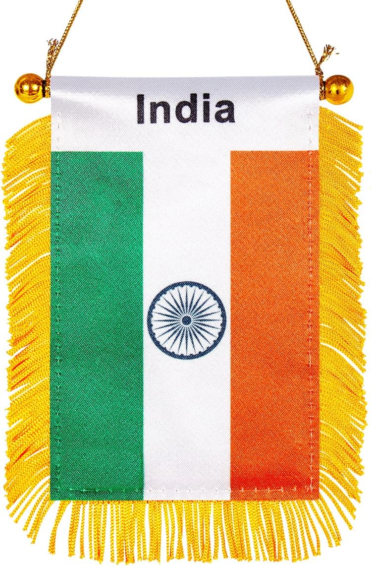 WXTWK 3 X 5 Inch India Flag Indian Window Hanging Flag Small Mini Car Flags Banners Rearview Mirror Decoration With Suction Cup Golden Fringy Banner