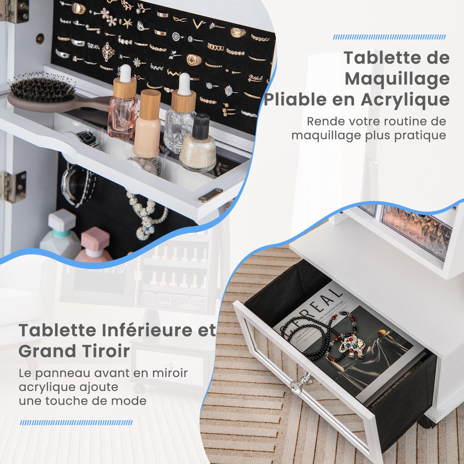 GOPLUS Armoire à Bijoux avec Roues, Organisateur de Bijoux Verrouillable avec LED 3 Couleurs, 3 Angles Réglables, Miroir Intégré, Armoire à Bijoux avec Miroir sur Pied avec Grand Rangement (Blanc)