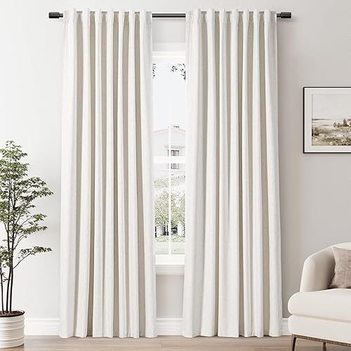 Miniatura 1 de Cortinas opacas de lino 100% beige crema de 84 pulgadas de largo, 2 paneles para sala de estar, pestaña trasera, bolsillo para barra, aislamiento