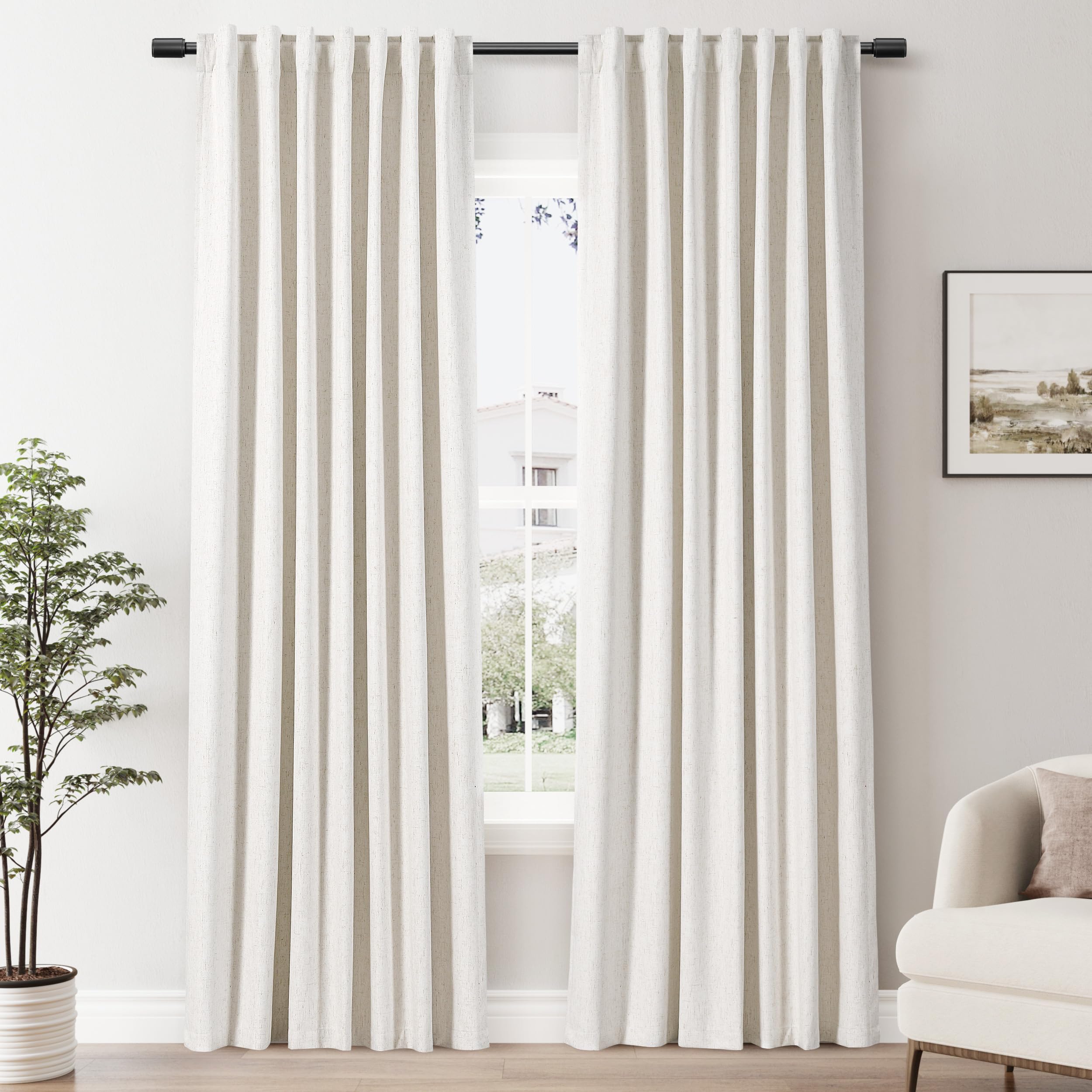 SPWIY 100% Blackout Linen Curtains 84 inches Long 2 Panels for Bedroom Natural Cream Ivory Back Tab Rod Pocket Curtain Boho Neutral Thermal Insulated