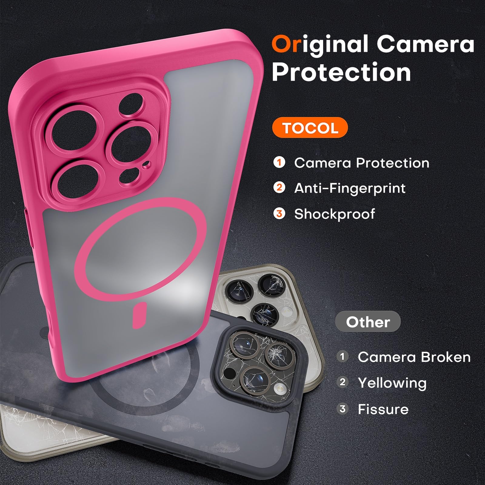 TOCOL 3 in 1 Cover Magnetica per iPhone 16 Pro 6,3 Pollic, con 2 Vetro Temperato, Compatibile con MagSafe [Protezione Fotocamera Integrata] Custodia Antiurto Traslucida Opaca, Rosa Caldo