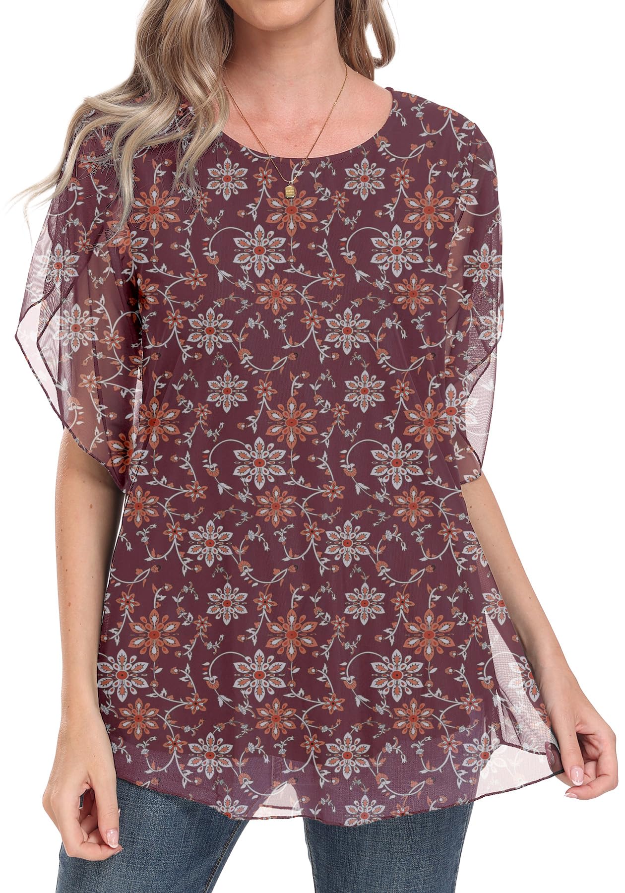 HAOMEILIWomen’s Ruffle 3/4 Sleeve Mesh Blouses Loose Flowy Tops Stretchy Shirts