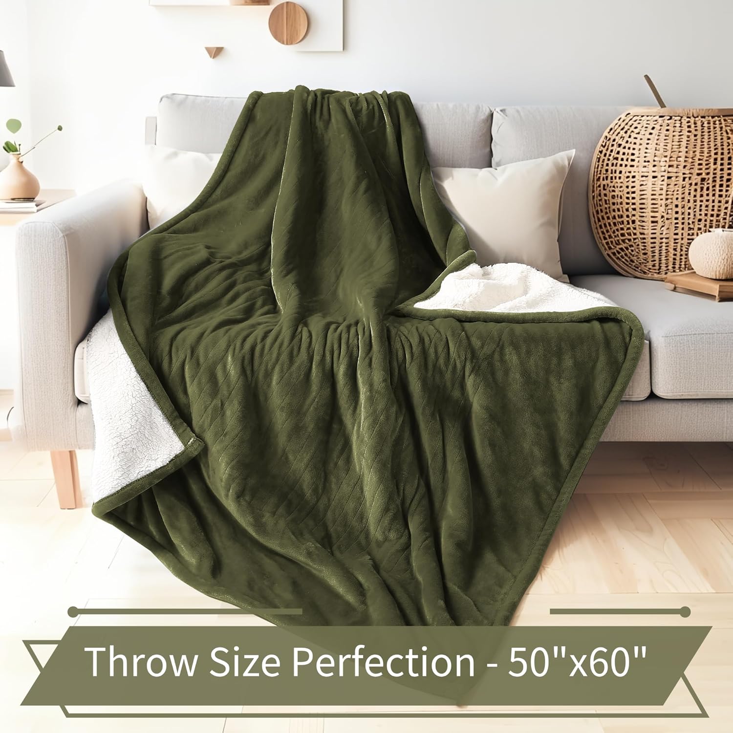 Electric Heated Blanket Throw Size 50"x60" - Flannel & Sherpa Fabric Dual-Sided, 6 Heat Settings & 1-3 Hours Auto Off, Soft & Cozy Warming Throw for Home, Office, or Bed, Machine Washable, Olive Green - Image 6