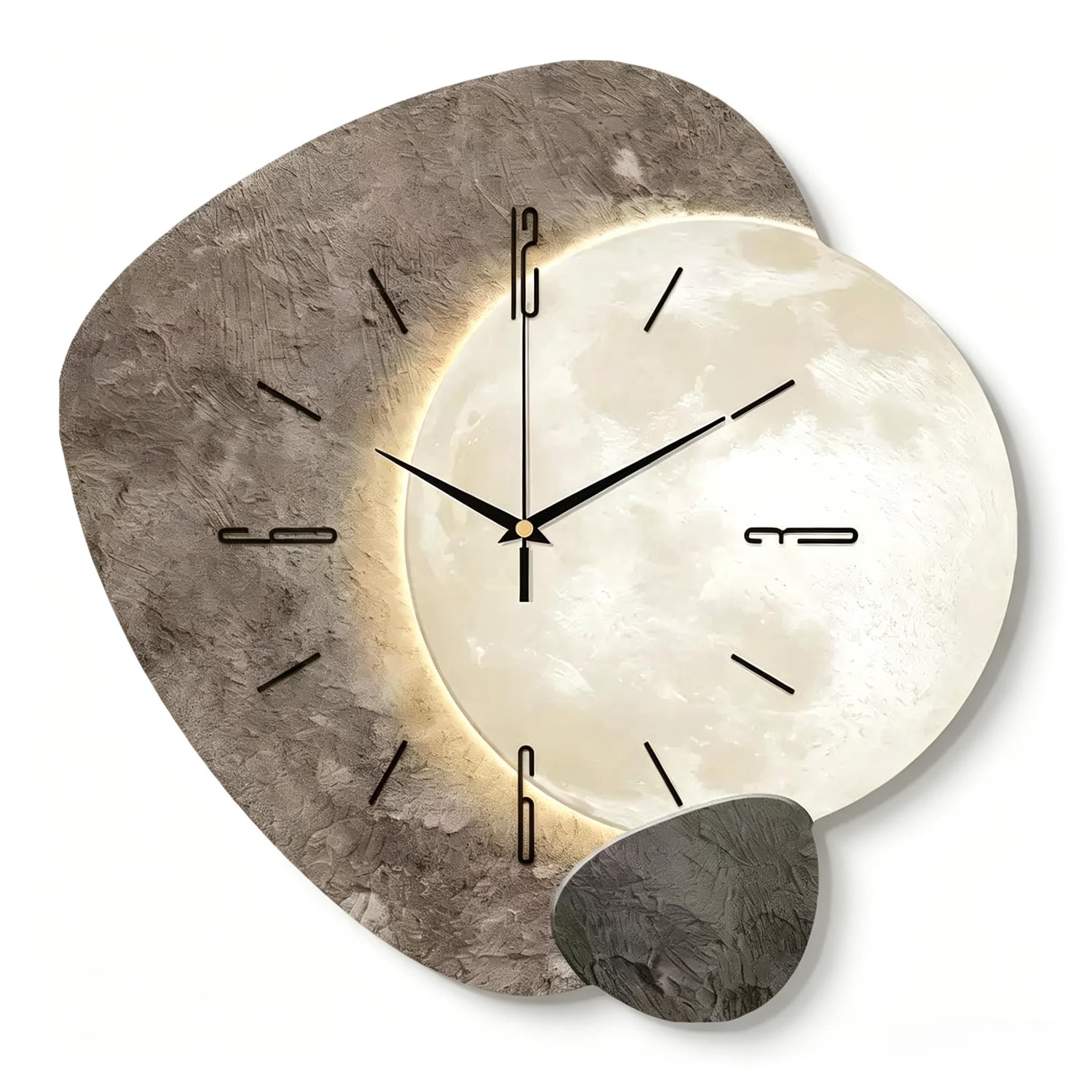 Reloj de pared de madera con diseño de luna silenciosa de 12 pulgadas, sin tictac, plano 2D, funciona con pilas