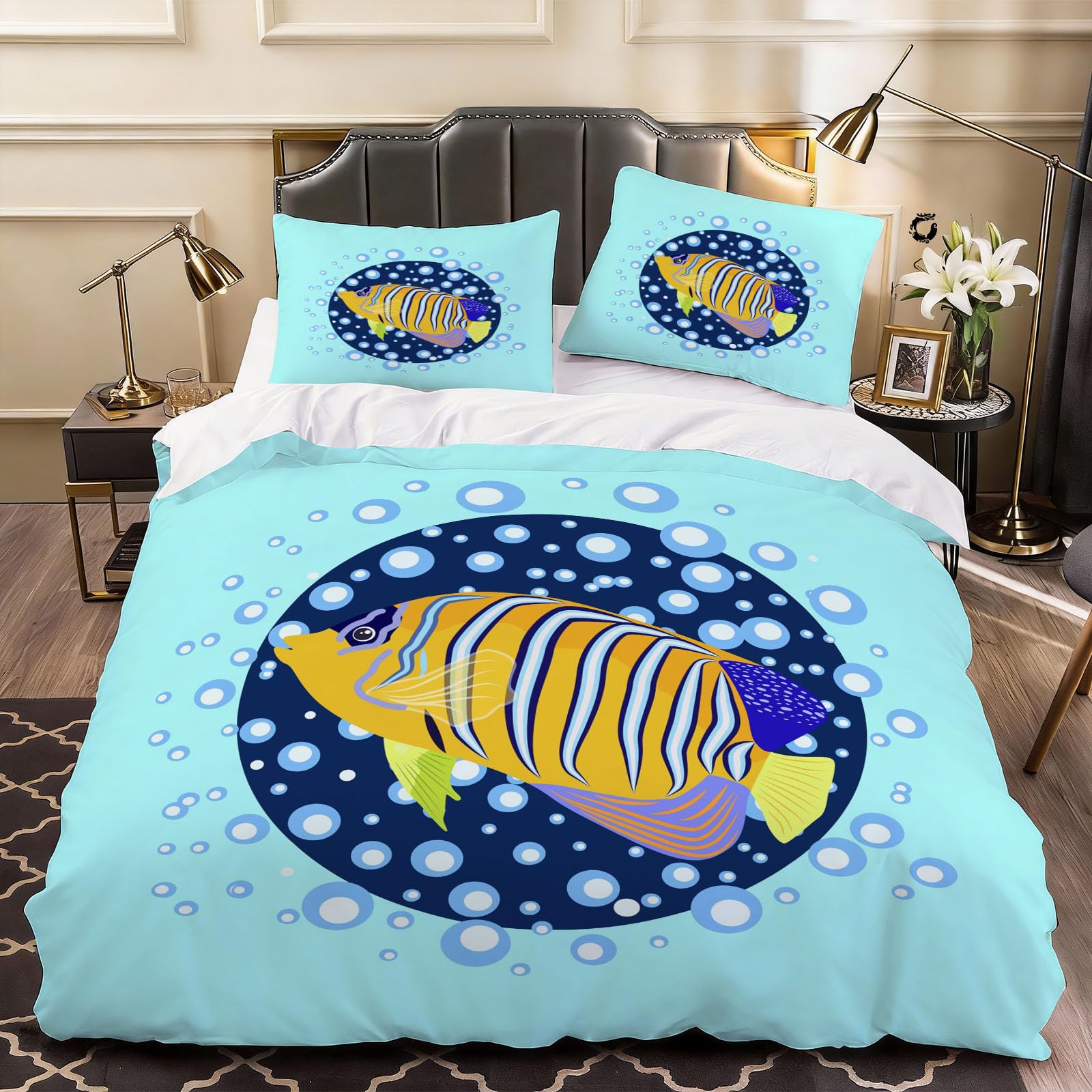 3D Fish Creative Duvet Cover Child Bedding Double Bed Set, Soft Microfiber Comforter Cover Printed with Zipper Closure Quilt Coverr 200x200 cm and 2 Pillowcases