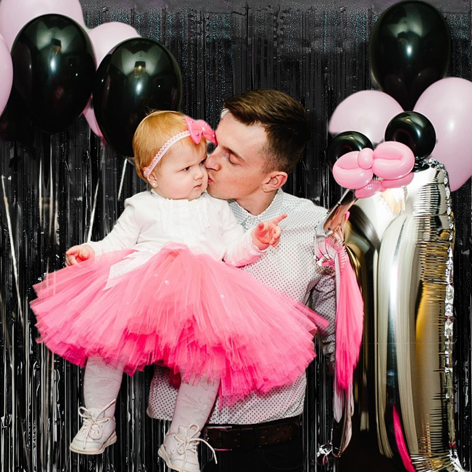 Cortina de oropel para fiestas, telón de fondo negro para fiesta de cumpleaños, 2 paquetes de cortinas con flecos de papel de aluminio con purpurina, decoración de fiesta, serpentinas, cabina de fotos
