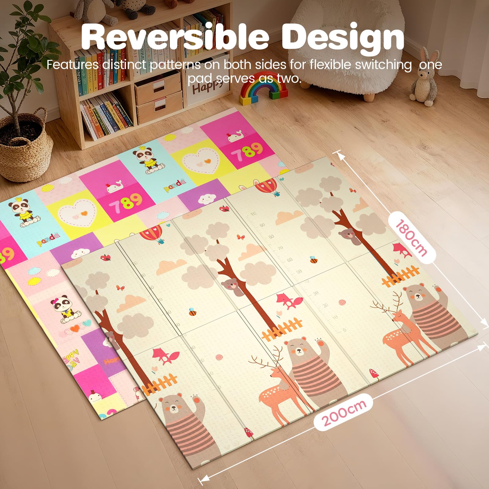 Tapis d'Éveil Grande Taille 200x180cm – Tapis de Jeu Bébé Double Face, Tapis de Sol Bébé en XPE 1cm, Pliable, Imperméable, Sac de Rangement Inclus (Panda)