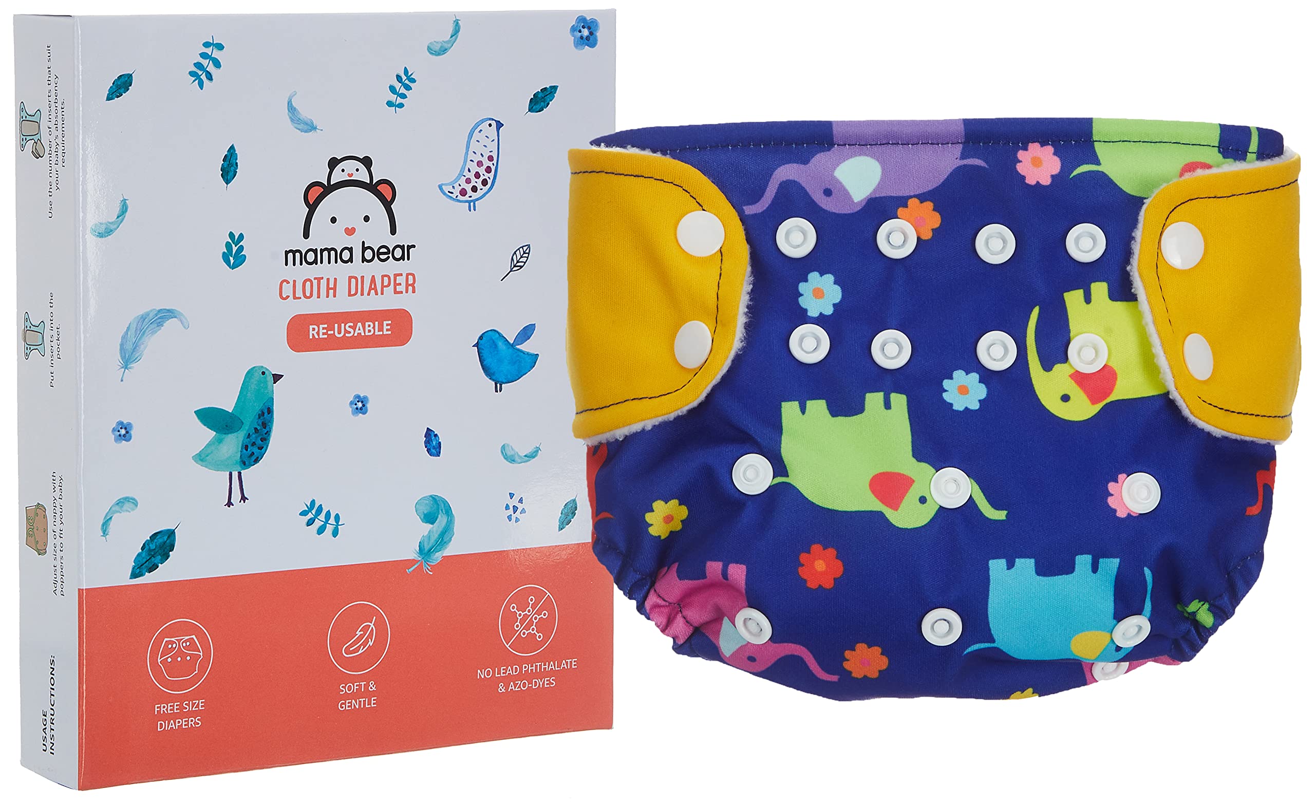 Mama Bear Reusable Cloth Diaper, Freesize, for Baby 0-3 yrs (Yellow Elephants)