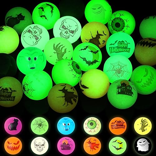 NOVWANG 24 bolas de rebote de 12 estilos de Halloween, bolas de juego que brillan en la oscuridad, regalos de fiesta de Halloween, rellenos de