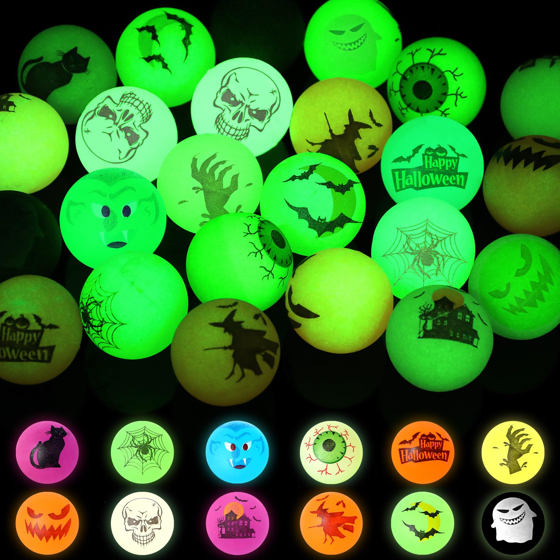 Augshy Halloween Luminous Bouncy 3.2cm Glow in The Dark Rubber Balls - 24Pcs Party Favors & School Games