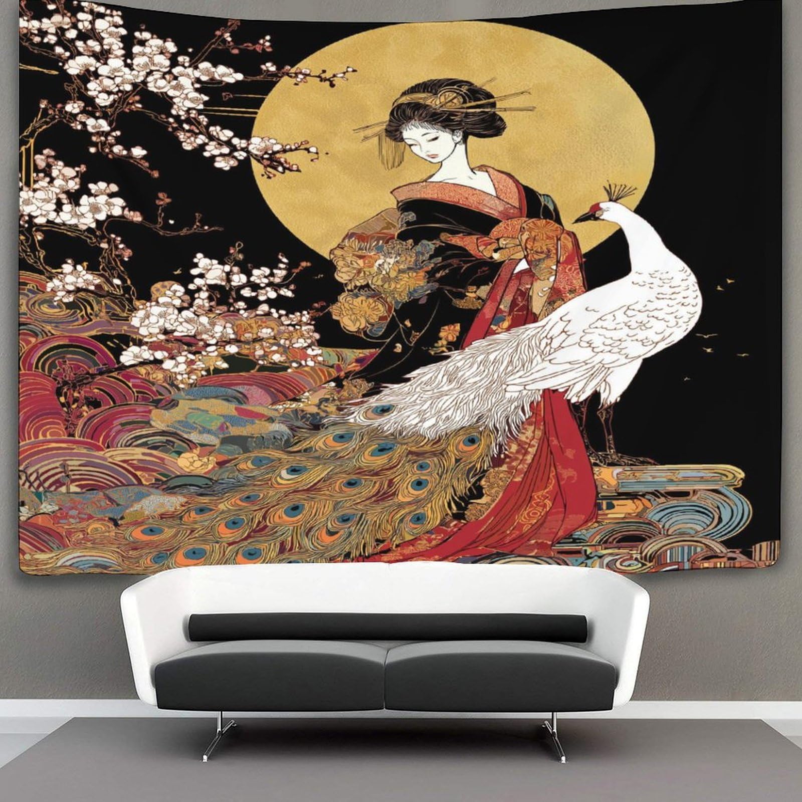 kaiyun Japanese Oiran Tapestry,White Peacock in The Cherry Blossoms Wall Hanging,Wall Art for Bedroom Aesthetic Home Decoration for Living Roombedroom 70cmx100cm
